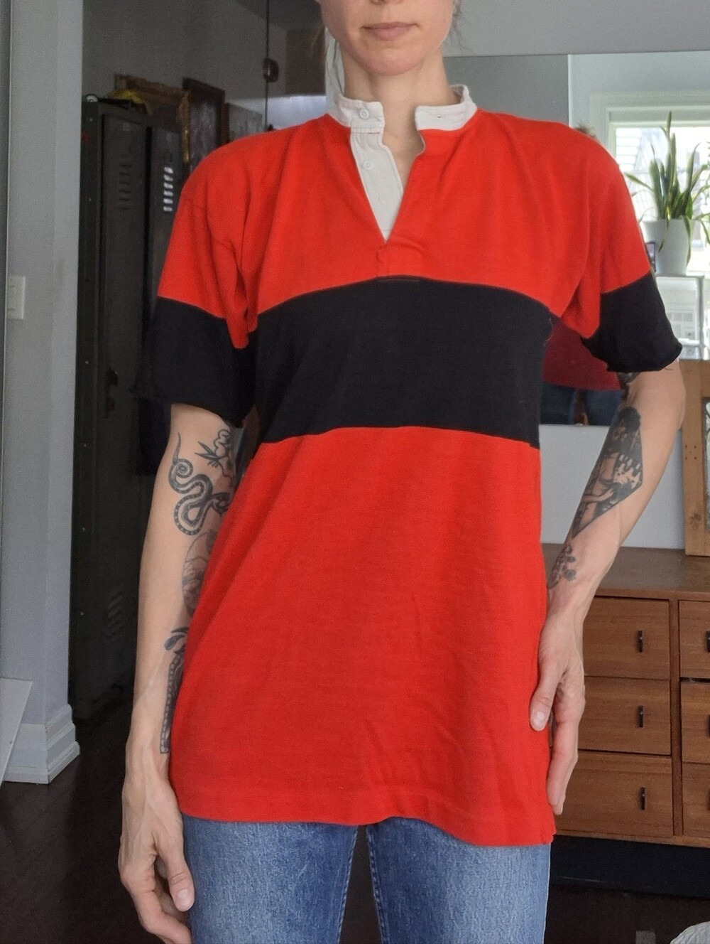 Red and Black Rugby-Style Short Sleeve Polo